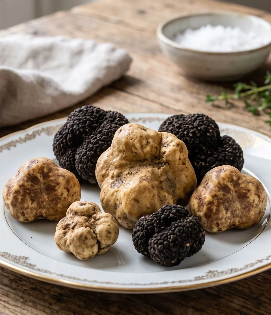 Tartufo Bianco Pregiato e Tartufo Nero freschi, appena raccolti, su piatto in porcellana bordo dorato